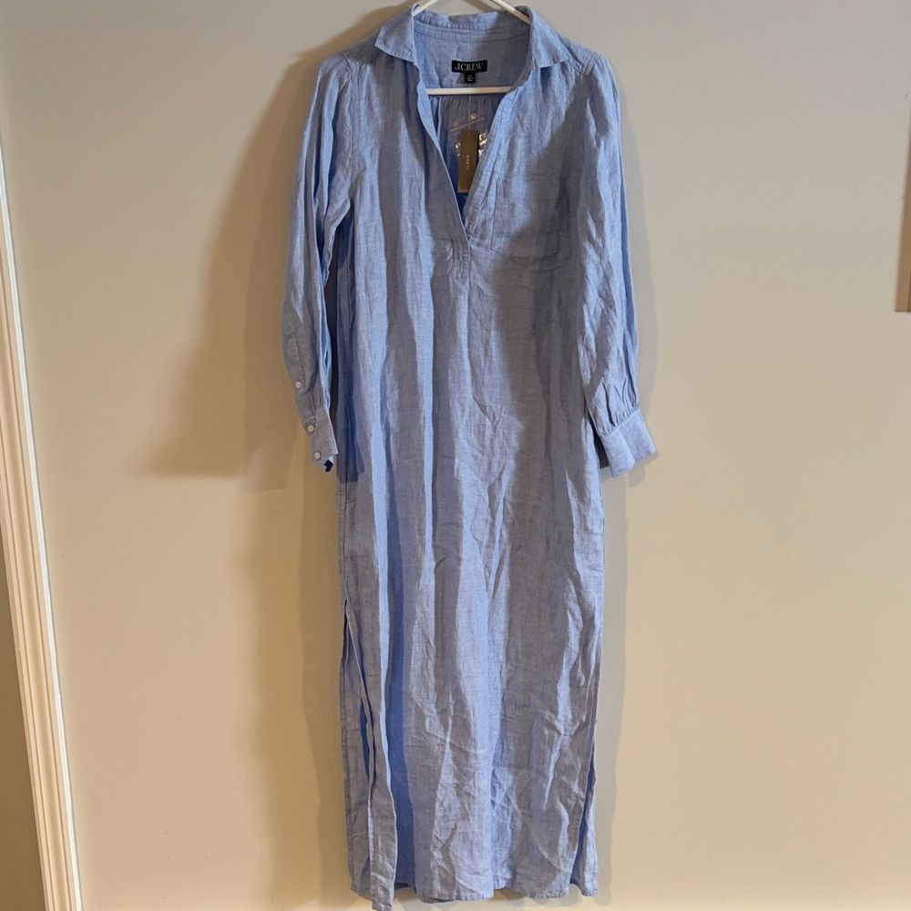 J. Crew Bungalow Maxi Popover Dress in French Blue Linen